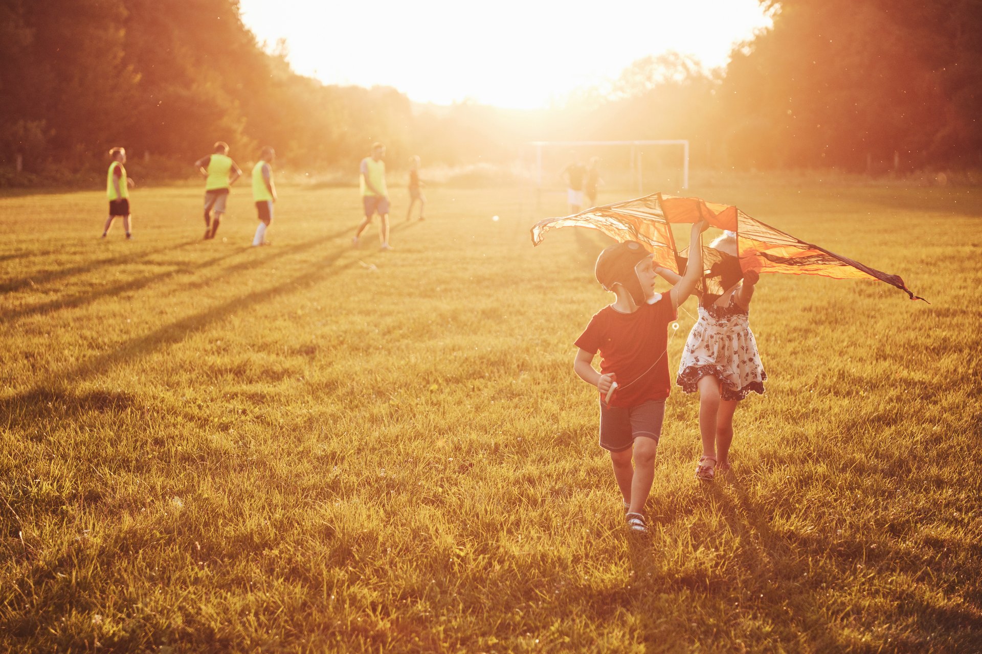 happy-children-launch-kite-field-sunset-little-boy-girl-summer-vacation